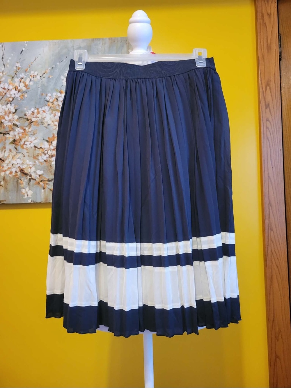 MaxMara Navy and White Striped Pleated Midi Skirt